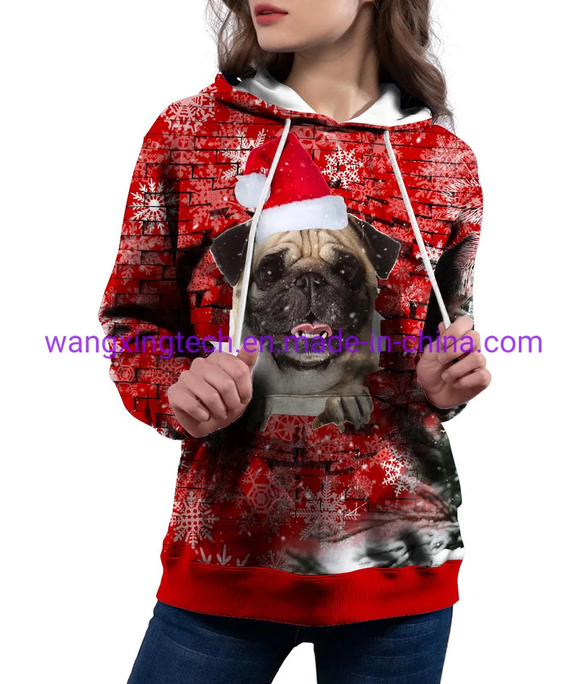 Patrón de Navidad al por mayor impresión digital Loose Hoodie Sweater Ladies Outdoor Chaqueta deportiva