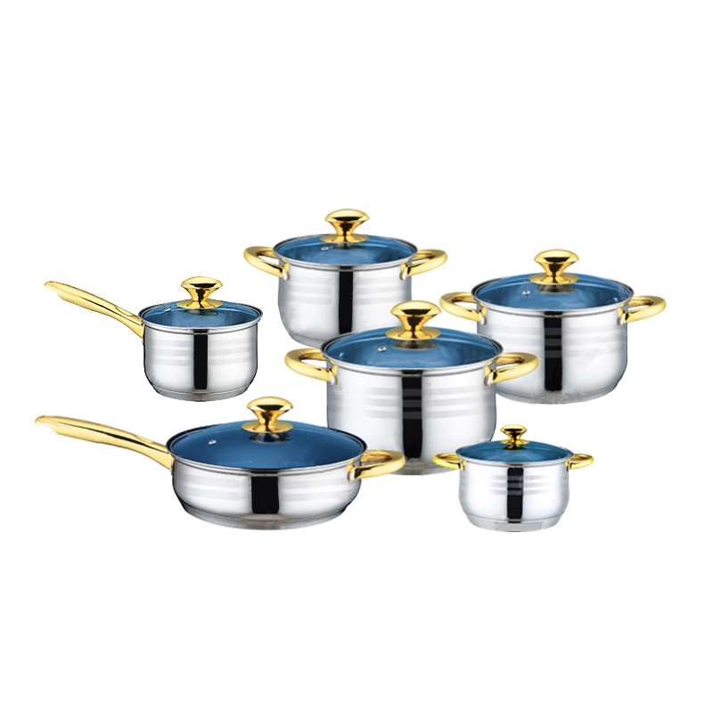 12PCS Poêle à frire Pot à lait Casseroles antiadhésives en acier inoxydable Ensembles de cuisine à induction Couvercle en verre bleu pour l'Amérique du Sud.