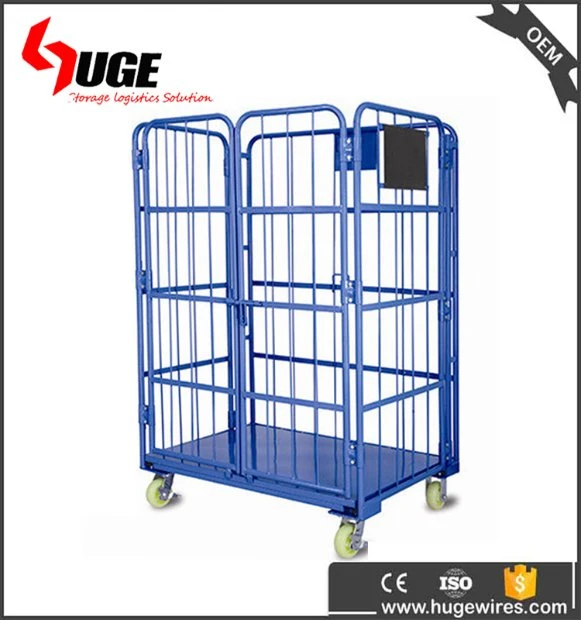 Security Roll Cage Steel Wire Mesh Trolley Cage Steel Trolley with Door, Roll Storage Cage