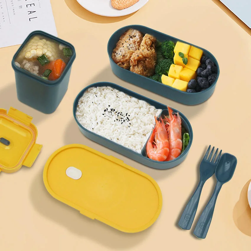 Caja Bento de seguridad para microondas y juegos de tazas de sopa con bolsa Embalaje Mayoreo plástico dos capas de caja portátil de almuerzo