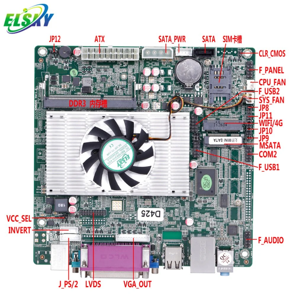 Elsky Cheap processeur Intel i3 2ND D425e double coeurs CPU 1.8G 4 Go de mémoire DDR3 Mini-Itx HDD SATA avec ventilateur de carte mère.