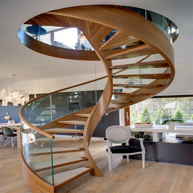 Curved Glass Spiral Staircase Design / Villa Indoor Spiral Stairs Glass Tread