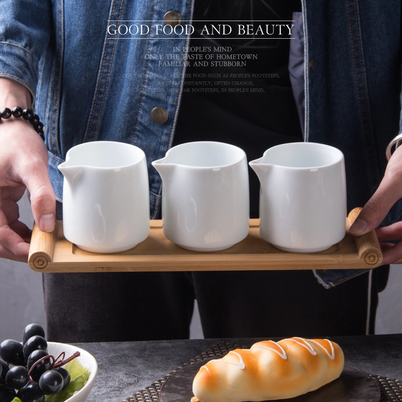 Wholesale Plain White High Quality Milk Jar Saucer Vinegar Soy Sauce Jar Set 3 with Bamboo Tray