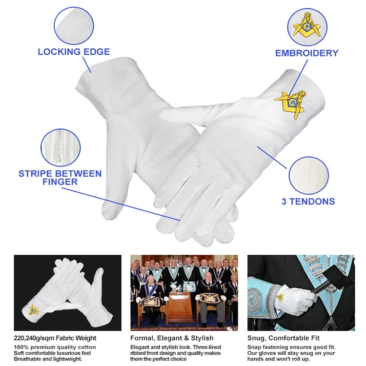 Masonic Freemasons Three Ribs Thick Cotton Stretch Embroidered White Gloves