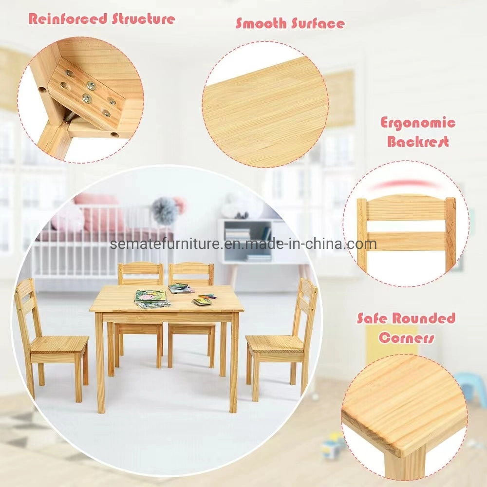 Factory Wholesale/Supplier Sturdy Kids Furniture Stable Pine Wood Kids 5 Piece Table Chair Set for Children Play Room