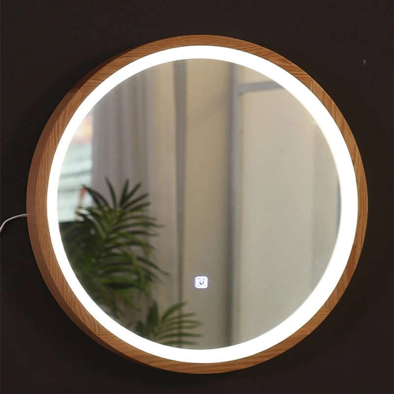 Home Nordic Simple Round Solid Wood Bedroom Wall-Mounted LED Smart Lamp Bathroom Toilet Vanity Mirror 0027
