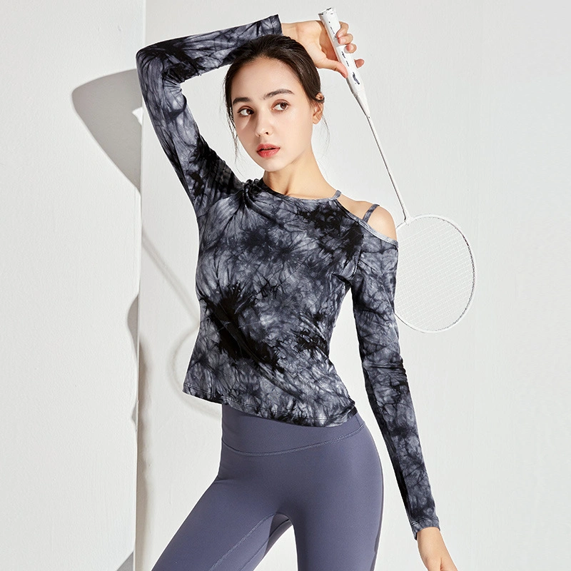 Yoga Long-Sleeved Autumn and Winter Mercerized Cotton Sports Tie-Dye Fitness T Shirt off-The-Shoulder Long-Sleeved Running Quick-Drying Top Yoga Wear