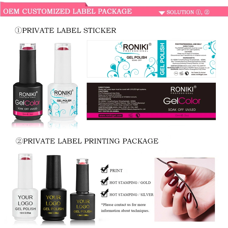 Roniki logotipo privado Salón de Uñas profesional productos 15ml color empapar fuera de la base de gel UV Nail Polish