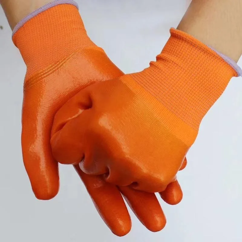 Breathable Orange Nylon Coated Full PVC Waterproof Protect Hands Construction Latex Gloves