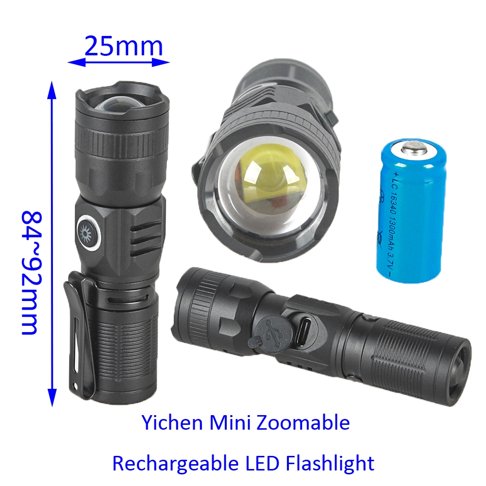 Yichen USB Rechargeable Zoomable Mini LED Torch and Flashlight with Pocket Clip