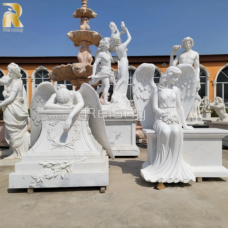 Custom Memorial Marble Stone Monument Hand Carved Natural White Marble Angel Statue Tombstone for Sale