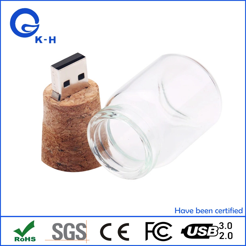 Regalo promocional el frasco de cristal corcho madera unidad USB Flash USB.