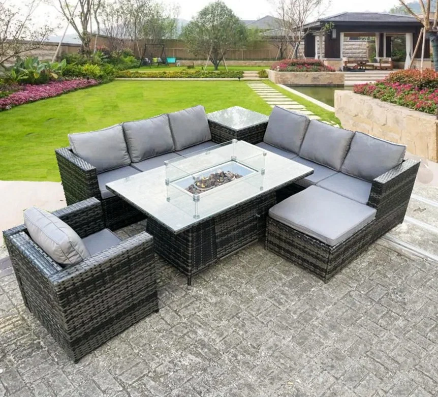 Outdoor Patio Rattan Garden 8-Seater Fire Pit Dining Set Furniture