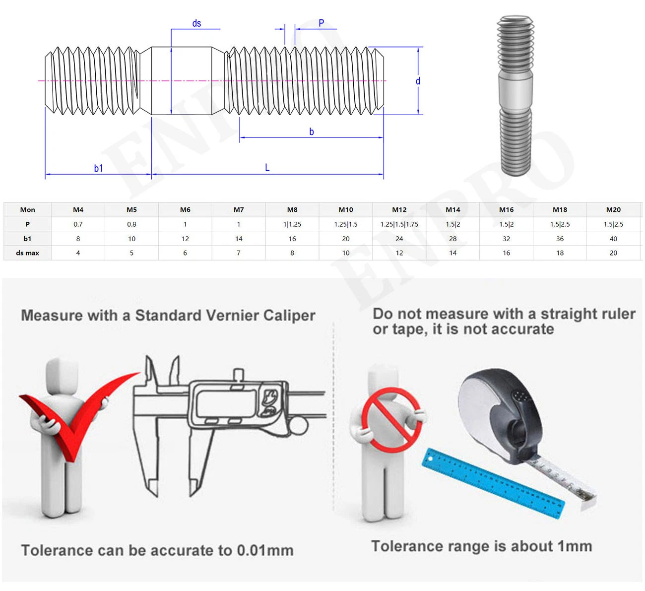 304 Stainless Steel Double Head Two End Threaded Rod