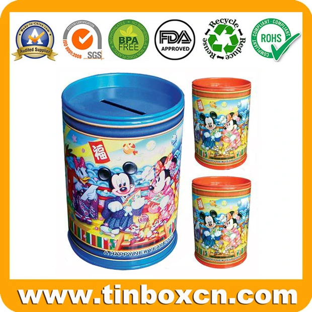 Round Tin Saving Box, Metal Coin Bank Money Box