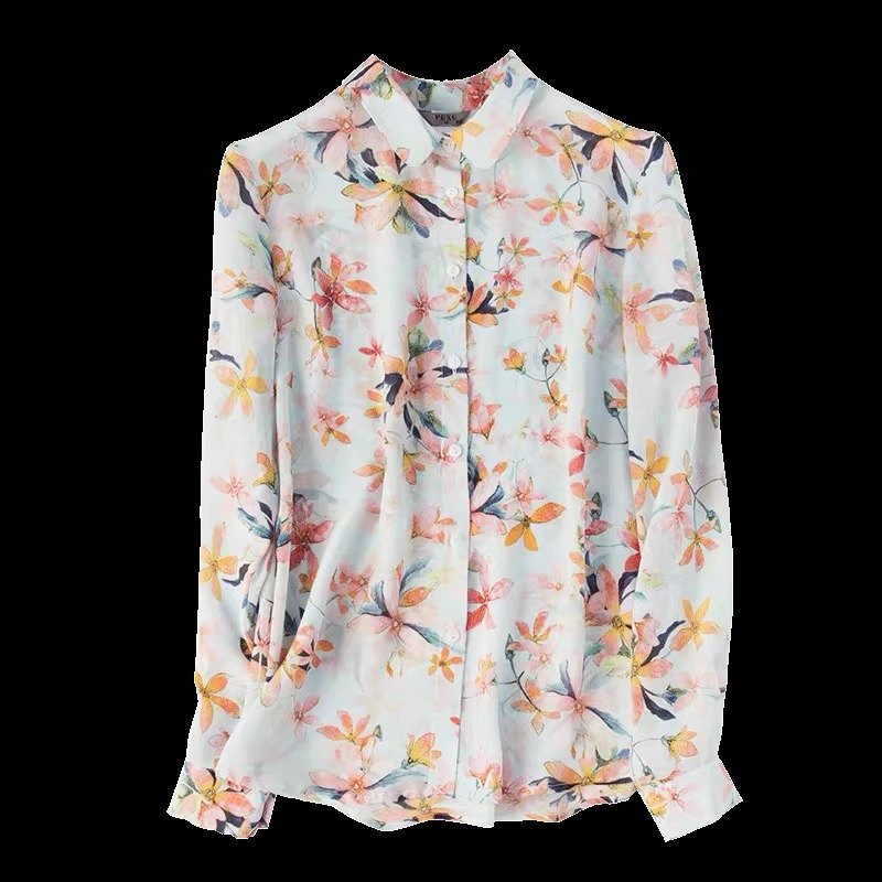 Custom Floral Print 100% Silk Women Blouse Silk Lady Shirt