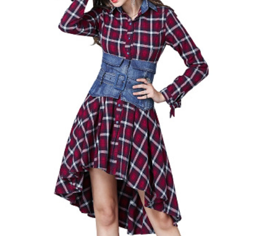 Fashion Woman Dresses Cotton Shirt Dress Long Sleeve Plaid Asymmetrical Turndown Collar Detachable Denim Belt Pullover Dresses Burgundy Esg16125