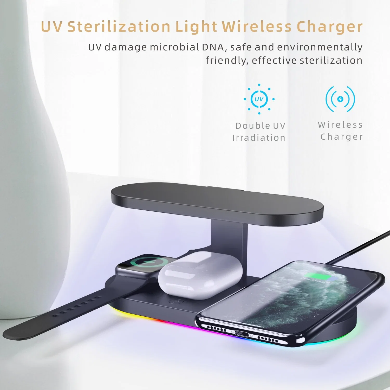 Best Selling 2021wireless Charger with UV Light for Mobile Phone iPod iPhone Iwach Charging 5in1