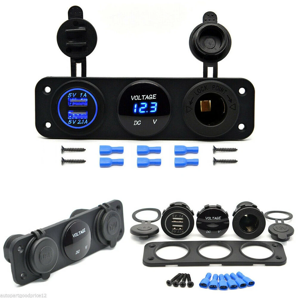 Car Dual USB Charger Socket + LED Digital Voltmeter + 12V Power Outlet Cigarette Lighter Socket Adapters Panel for Car Boat Marine RV Truck