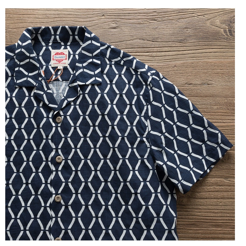 OEM Batik Contrast Color Diamond Print Short Sleeve Shirt Men's Cuban Collar Shirt