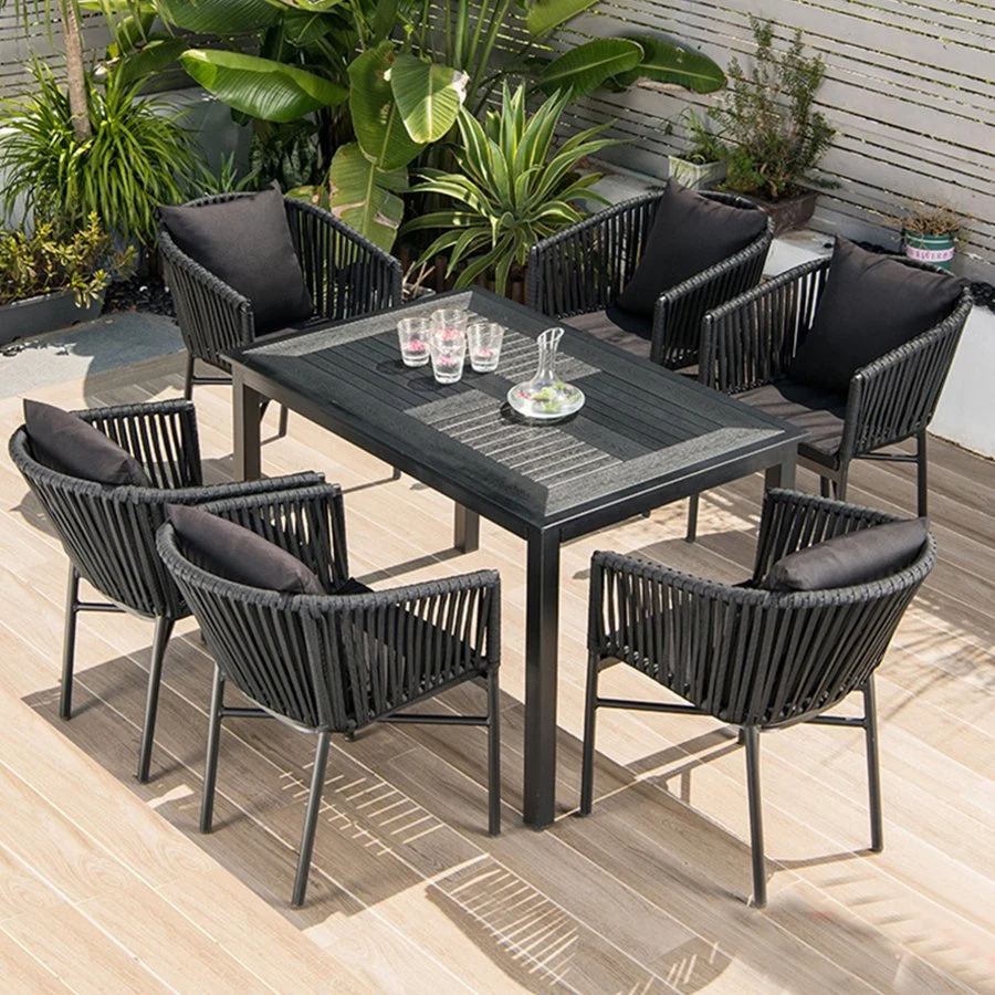 Modern All Weather Teak Outdoor Furniture Garden Set Solid Wood Teak and Rope Mixed Dining Table and Chairs Set