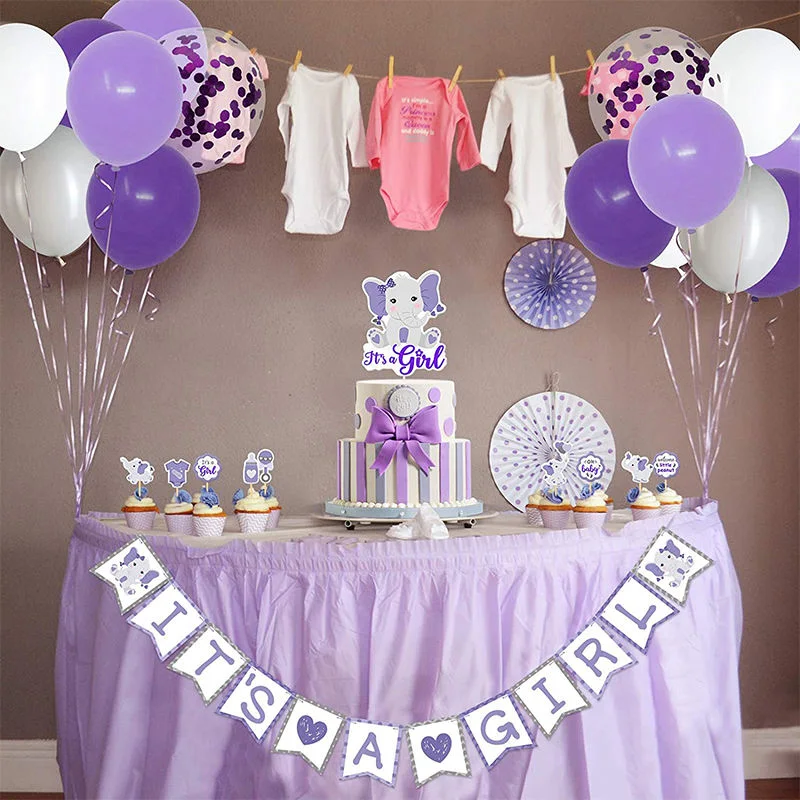 Púrpura Elefante Baby Ducha Fiesta de cumpleaños suministros Feliz Banner de cumpleaños Kit de temas
