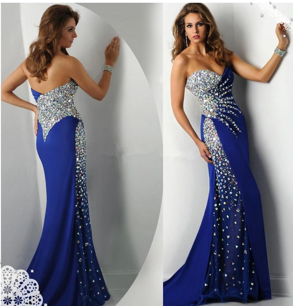 Shinny Blue Party Pageant Evening Gowns Strapless Crystal Stones Prom Dresses Ep2015