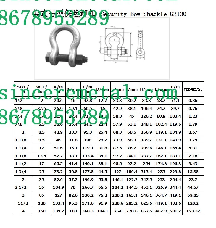 Vente chaude Chinois Prix bon marché de bonne qualitégalvanisé Nous Hot Forged Safety Bow Shackle avec écrou G2130.