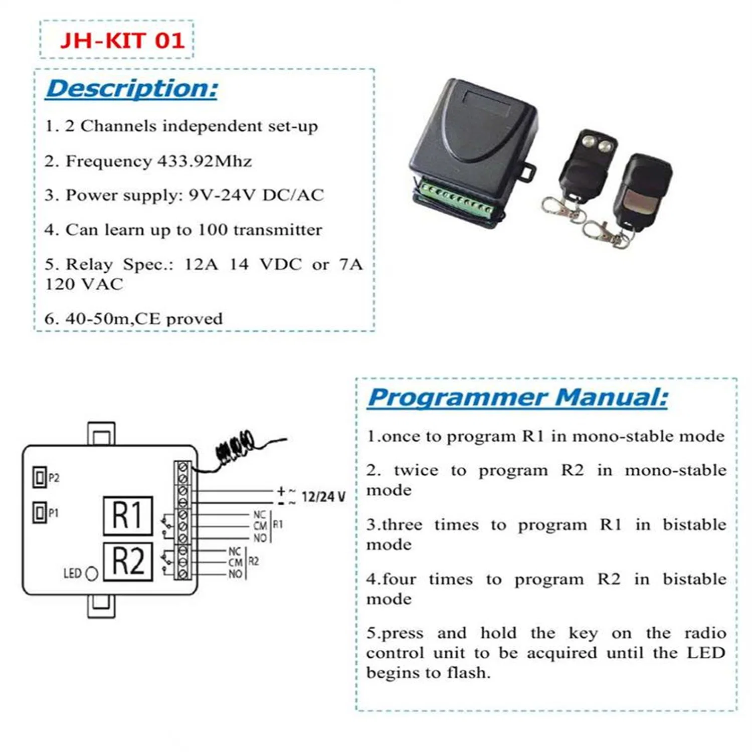 Jh-Kit01 Universal Remote Control Receiver AC/DC12V~24V with 2 Remote Controls