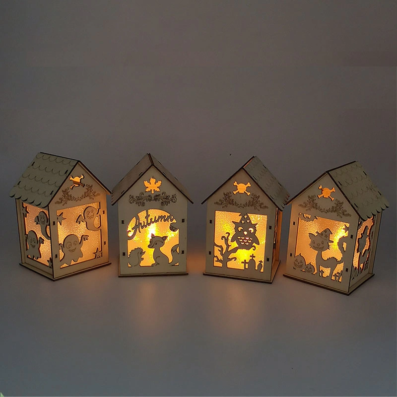 Wooden Christmas Ornament with Lights Wooden House DIY Assembly Small House Decorations Luminous Colored Carbin