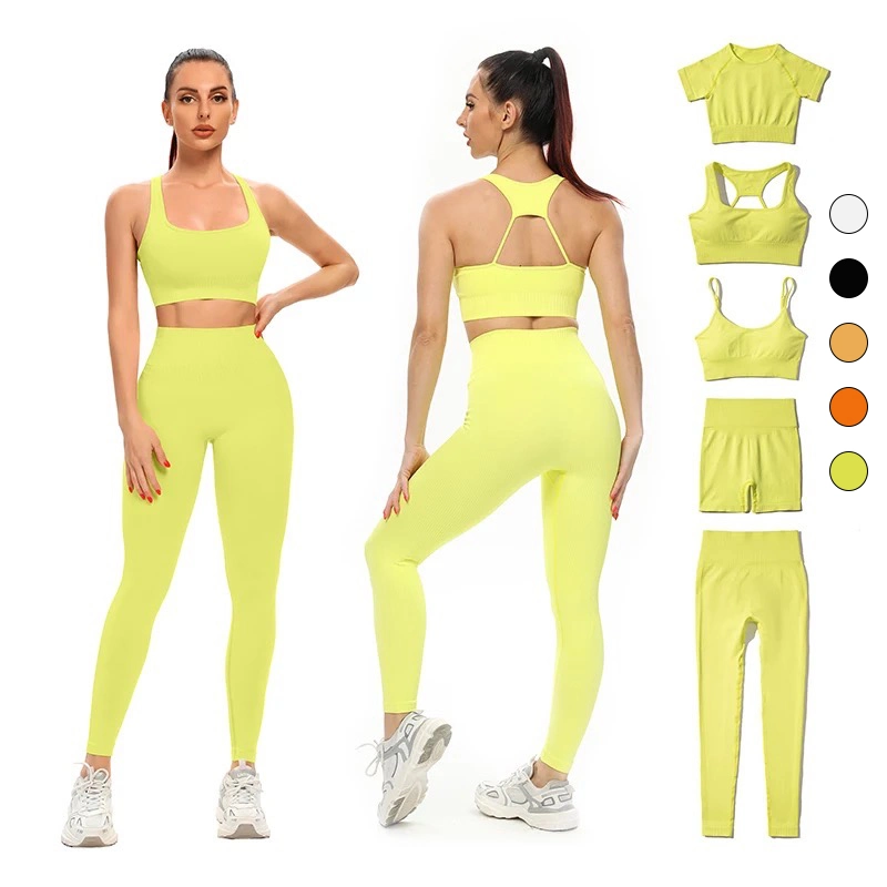 New Design Womens Sportswear 2/3/4/5 Piece Yoga Set Gym Clothing for Fashion Ladies, Custom Seamless Workout Top + Athletic Shorts Leggings Garment Manufacturer