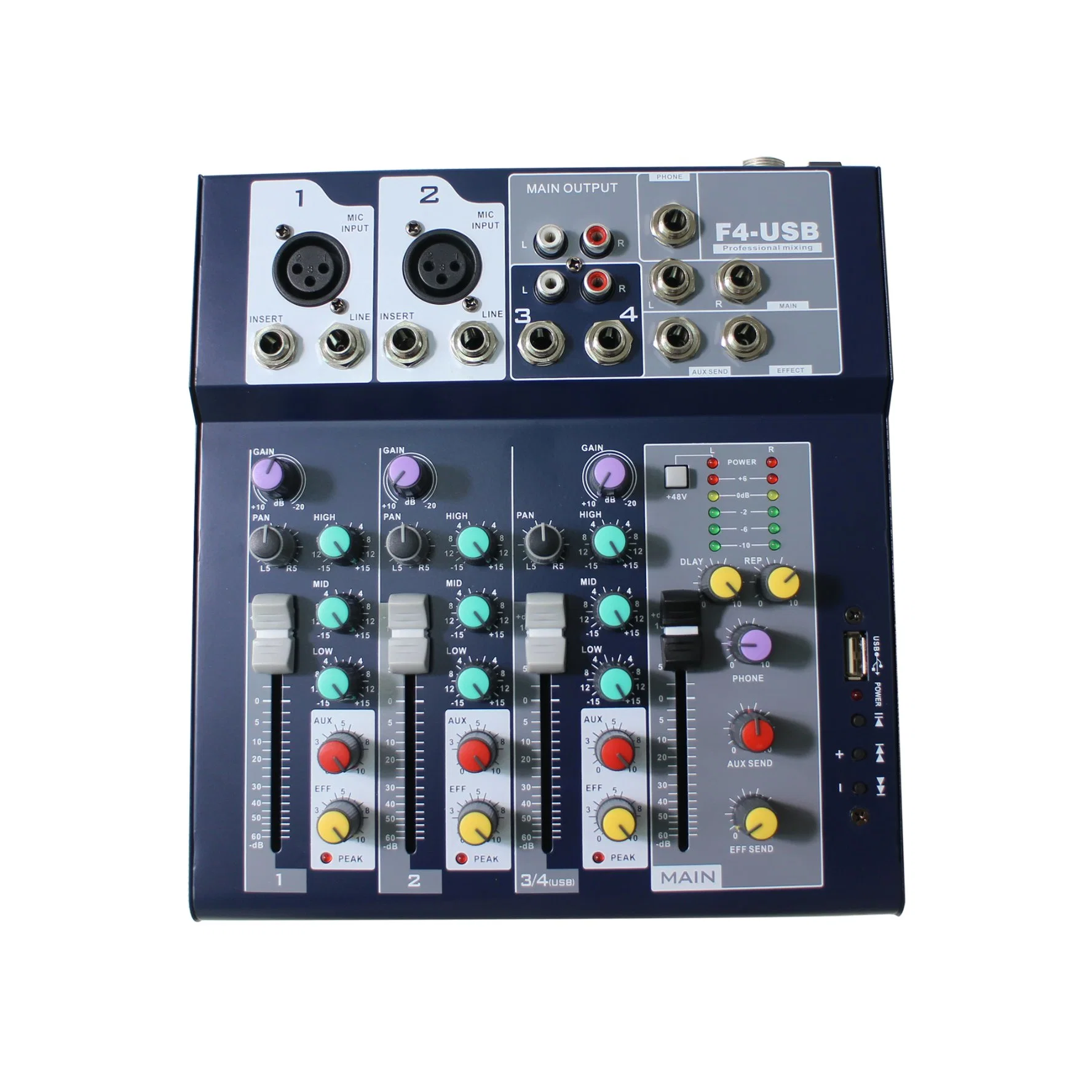 High Quality 4 CH Compact Audio Mixer with 3-Band Channel Equalizer Professional Audio Mixer