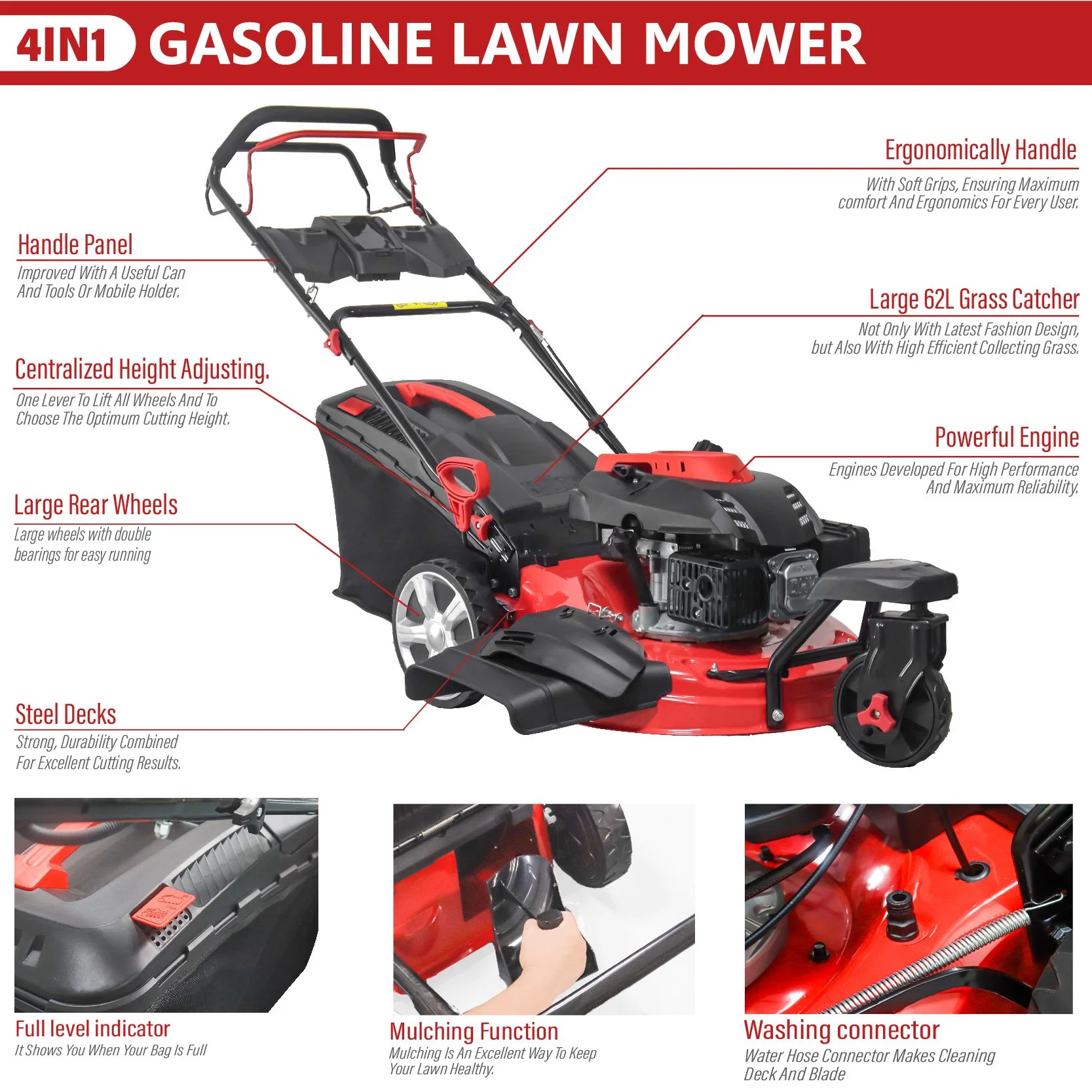 High Power 196cc Steel Deck Gasoline Lawn Mower 3.6kw Brush Cutter with CE Certificate