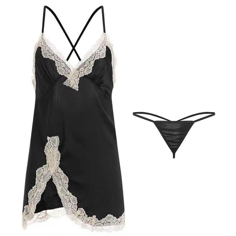 Vêtements de nuit Women's soie satinée de vêtements de nuit élingue court dentelle d'usure d'accueil