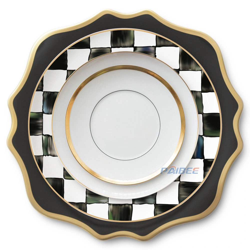 White and Black Square Pattern Ceramic Plate Set Bone China Dish Set Tableware for Wedding