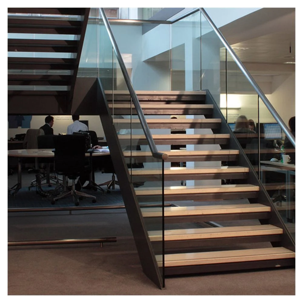 Custom Carbon Steel Straight Staircase with Wood Steps Glass Railing