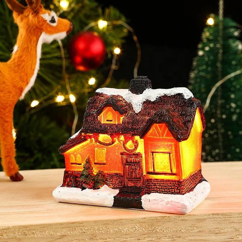 Décorations de Noël en résine en forme de maison d'intérieur, lumières de Noël alimentées par batterie, lumières de Noël décoratives pour les vacances.