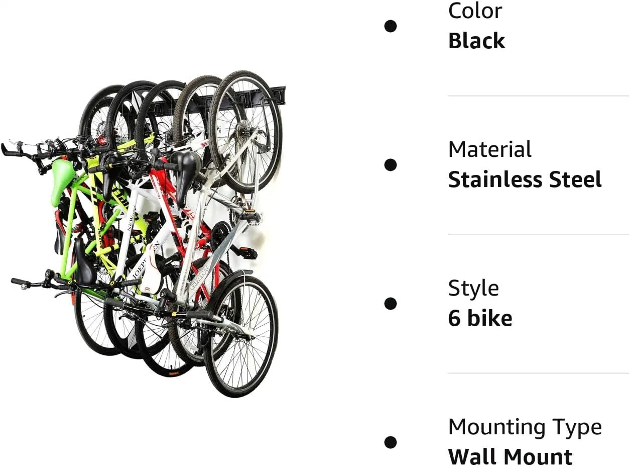 Stainless Steel Bike Storage Rack, 6 Bike Storage Hanger Wall Mount for Home & Garage Holds up to 300lbs, Black