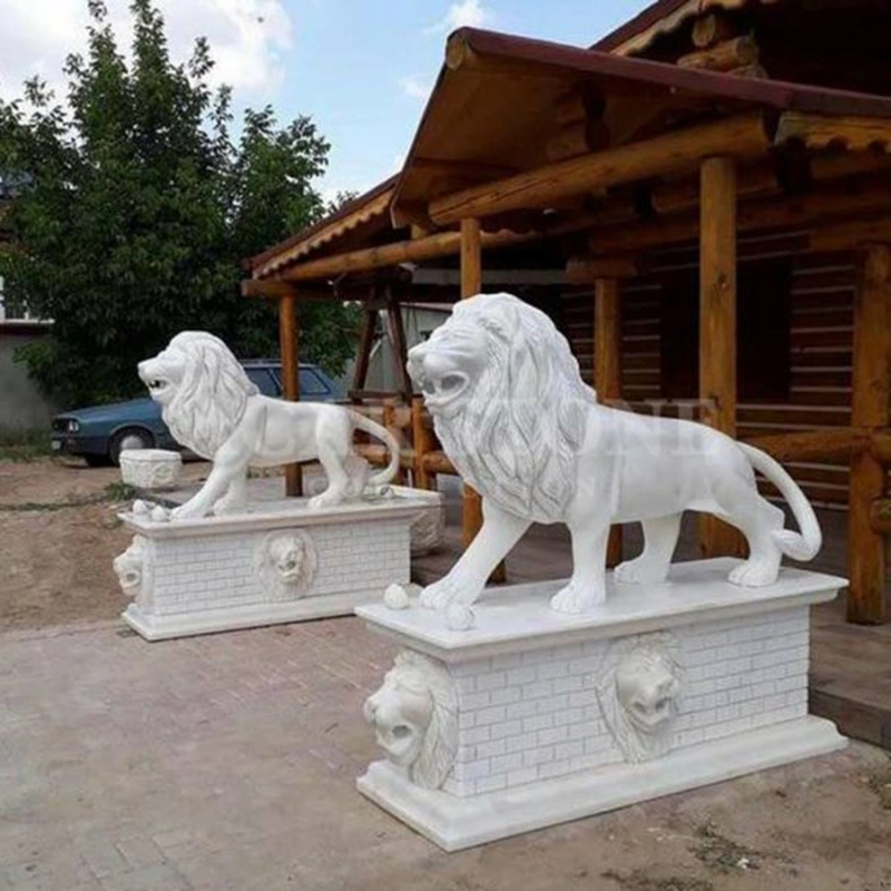 China Factory Decorative Hand Carved Outdoor Life Size Animal Statues Sculpture Garden White Marble Lion Statues for Indoor Decor