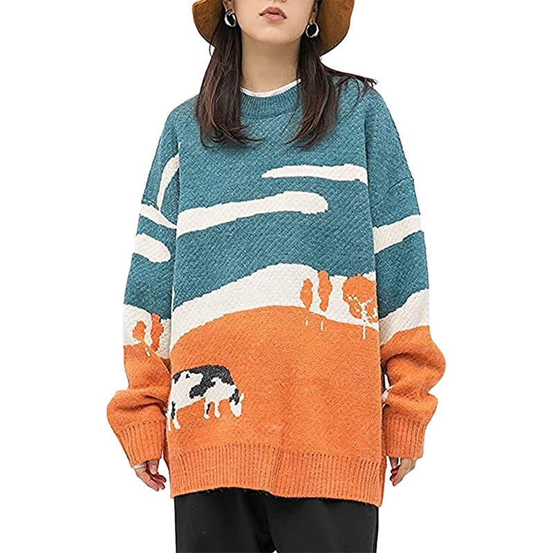 Men Cows Vintage Winter Warm Daily Knitwear Pullover O-Neck Sweater