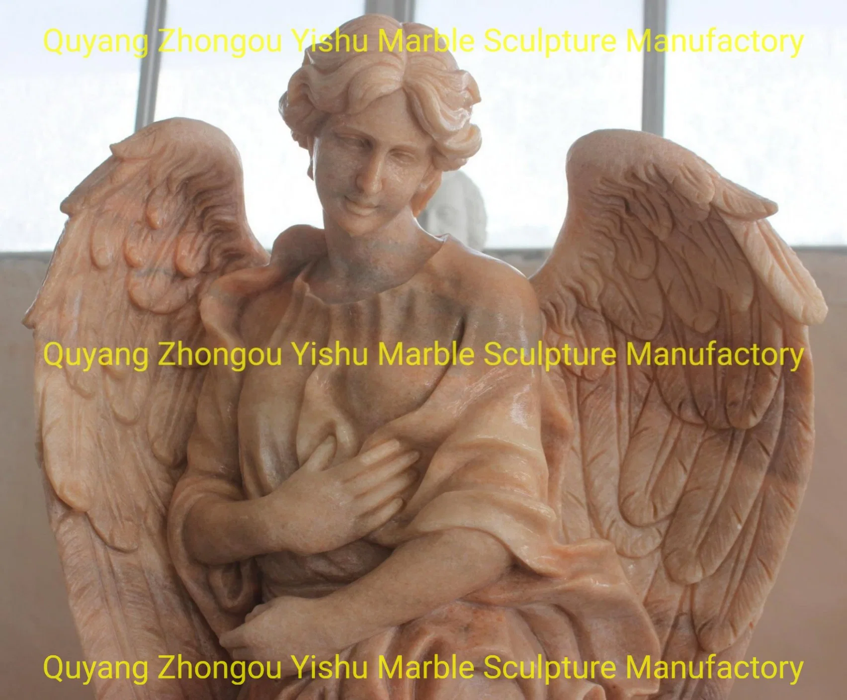 a Pair of Sunglow Marble Angel Sculpture Standing for Memorial