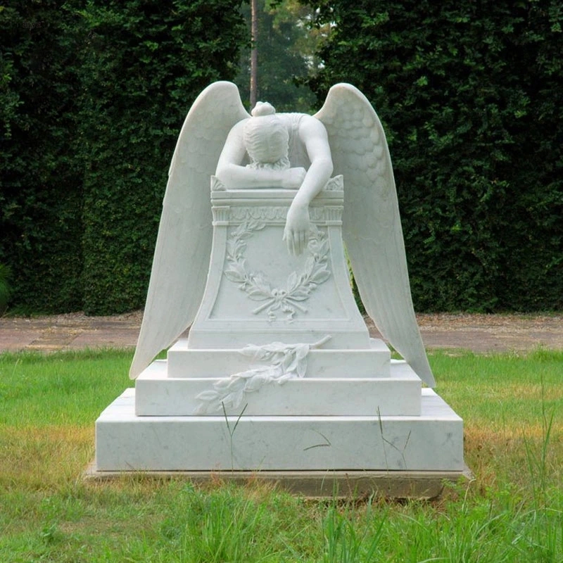 Decoração personalizada do cemitério chorando Angel Headstone White Marble Chying Angel Tombstone