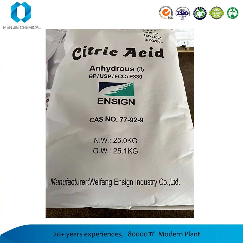 Ensign Brand Bp98 Food Grade Fine Crystal Powder 10-40mesh Citric Acid Monohydrate Food Additives