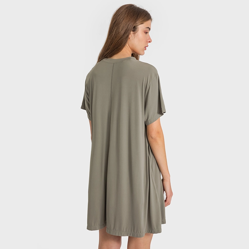 New French Round Collar Casual Wear Dress Skin-Friendly Naked Pleated Loose Yoga Clothes Sportswear