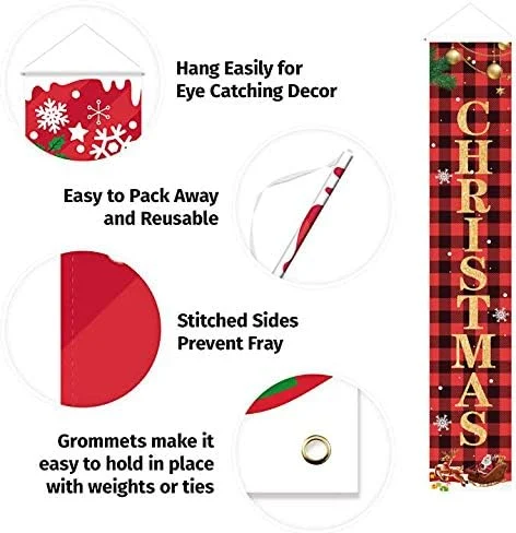 Merry Christmas Hanging Banner Porch Sign with Pattern Christmas Tree Presents Snow Banner for Home Yard Indoor Outdoor Wall Door Party Decorations