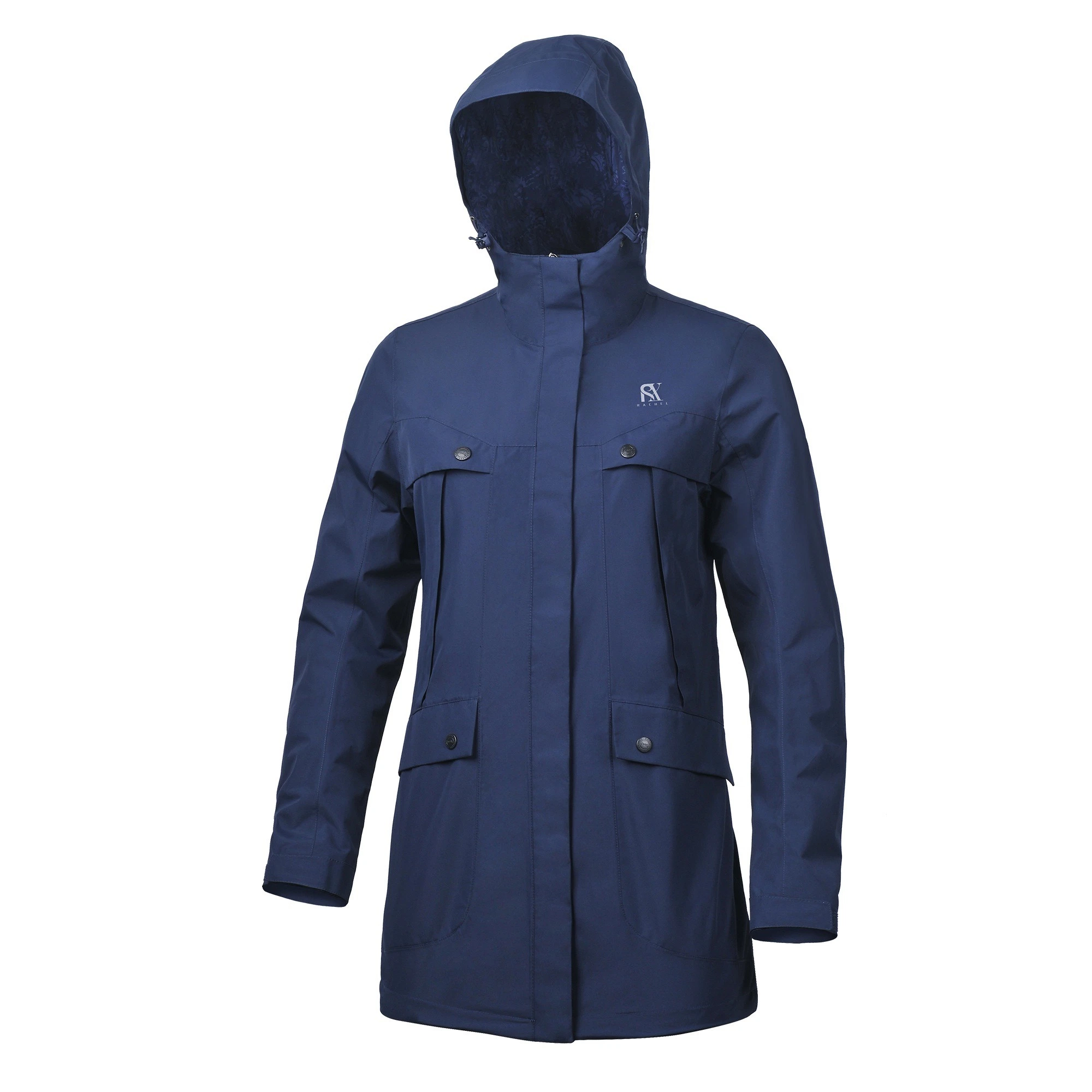 Women Dark Navy Color Clothing Long Raincoat Waterproof Breathable Jackets with Hoody