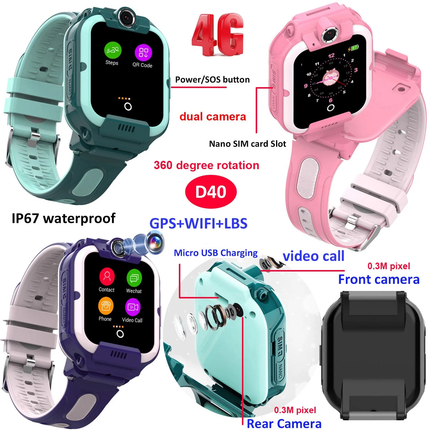 CE ROHS approved IP67 waterproof LTE Children Kids GPS Phone Watch with Live map monitor Video call for Personal safety back to school D40