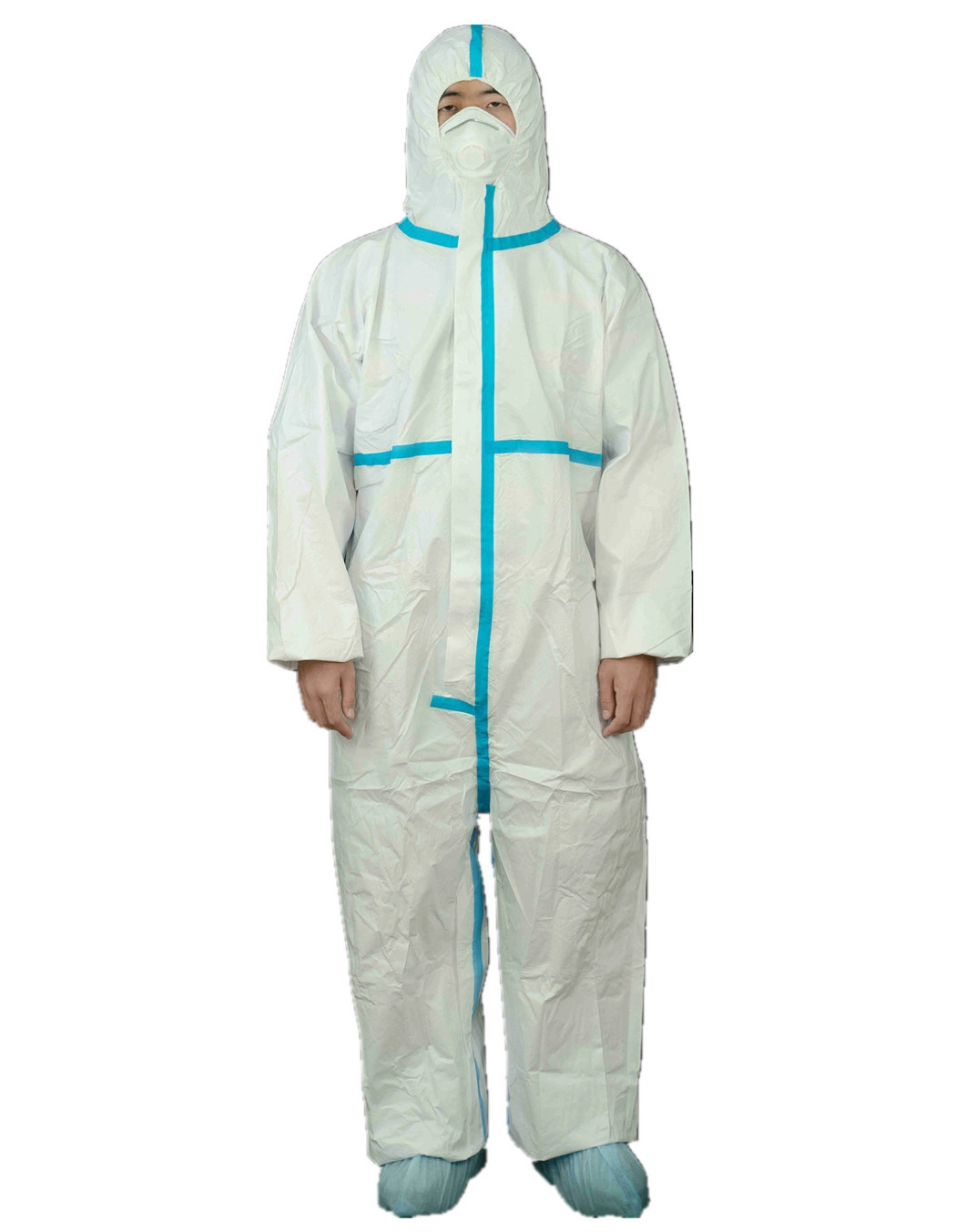 Cat. III Type 4/5/6 Microporous Disposable Chemical Protective Clothing with Blue Tape White Coverall Anti-Static with Hood