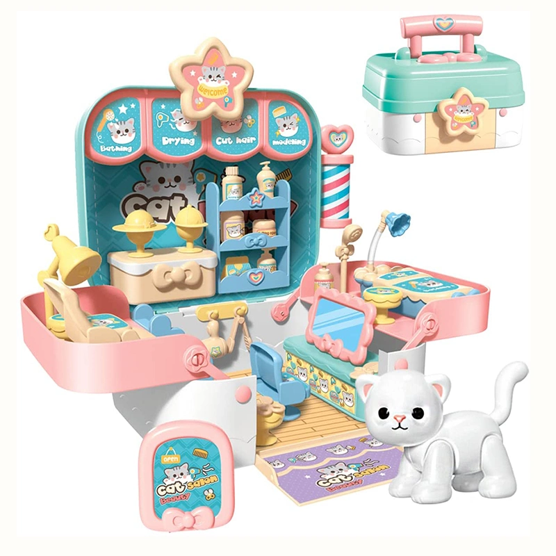 Dollhouse Playset DIY fingir juguete juguete juguete Playset mascota Cuidado juguete Kit Cat Grooming Room Dreamhouse con asa de transporte Pet Toy