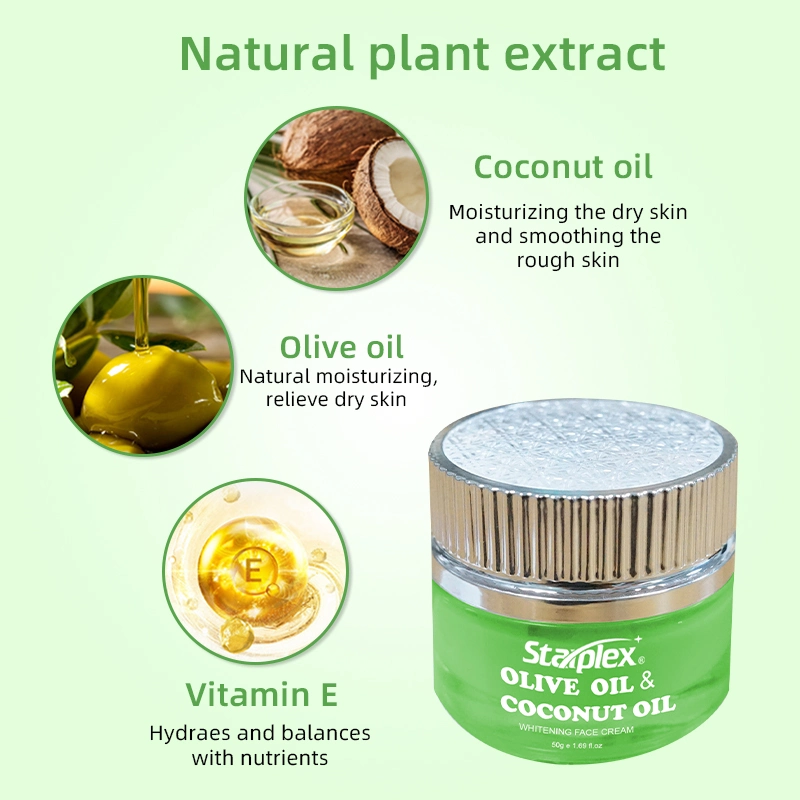 Commerce de gros Soins du Visage Hydratant Crème visage d'olive biologique de l'huile de noix de coco Vegan Crème visage Blanchissant